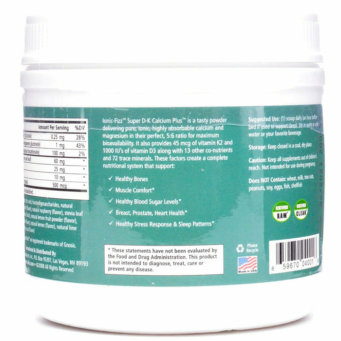 Pure Essence Ionic-Fizz Super D-K Calcium Plus Raspberry Lemonade label information panel