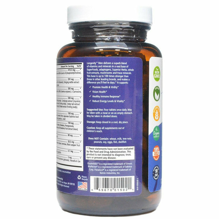 Pure Essence Longevity Men 120 tablets label information panel