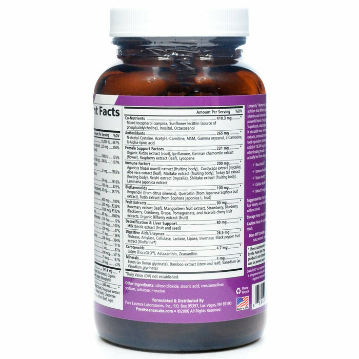 Pure Essence Longevity Women 120 tablets supplement facts label 2