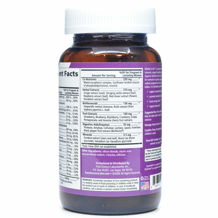 Pure Essence Mother to Be Prenatal Multivitamin 90 tablets supplement facts label 2