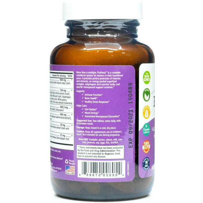 Pure Essence ProFema Natural Menopause Multivitamin 60 tablets label information panel