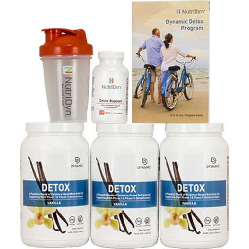 A set of supplements from Nutri-Dyn's Dynamic Detox Program, including bottles of supplements and a shaker cup, with an image of a couple riding bicycles on the packaging.