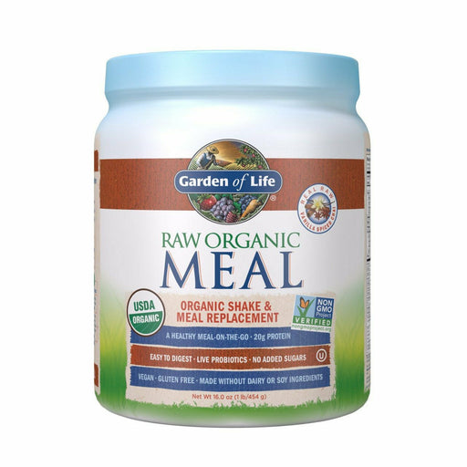 A container of Garden of Life RAW Organic Meal Vanilla Spiced Chai, which is a protein powder blend designed as a meal replacement 14 servings.