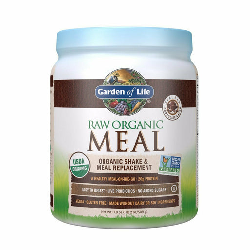 A container of Garden of Life RAW Organic Meal Chocolate powder, which is a vegan protein powder and meal replacement 14 servings