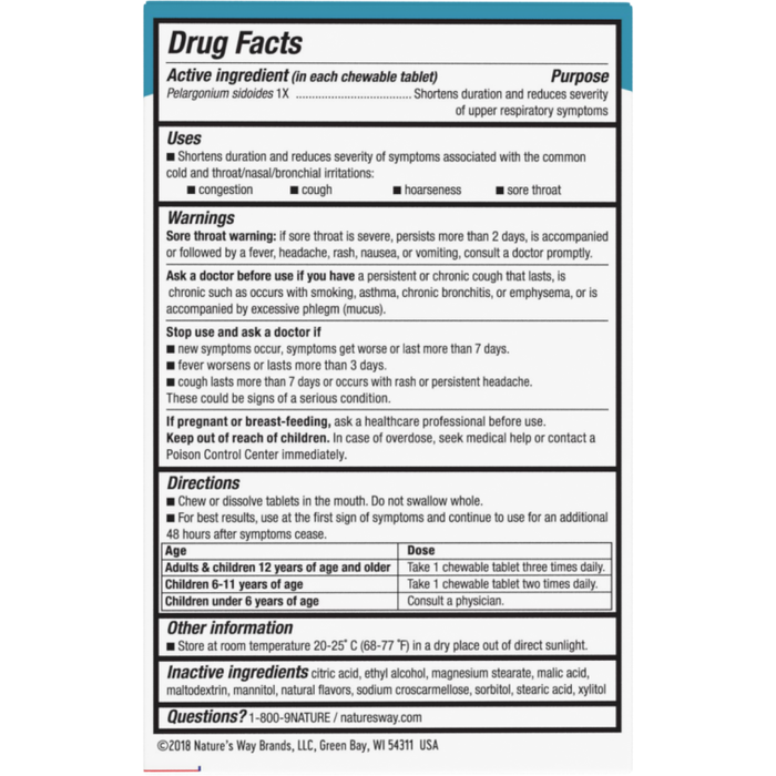 Umcka ColdCare Cherry 20 chew by Nature's Way Drug Facts Label