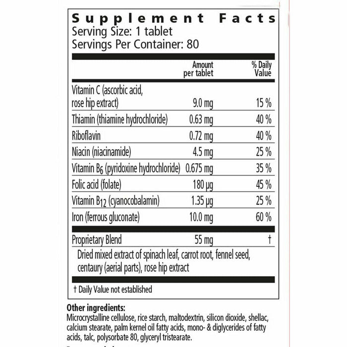 Salus Floradix Iron + Herbs Tablets 80 tablets supplement facts label