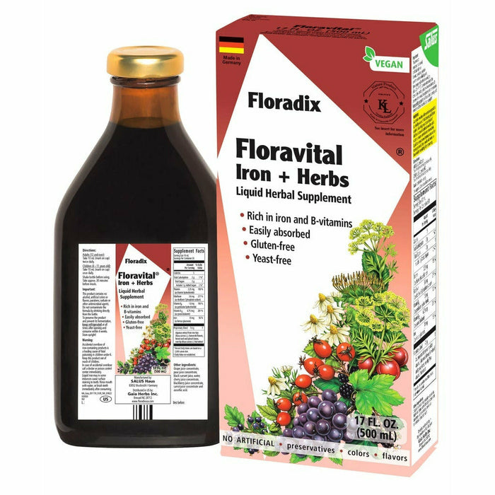Salus Floravital Iron + Herbs Yeast-Free, 17 fl oz, front of bottle and box