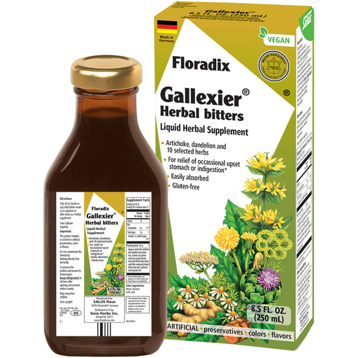 Salus Gallexier Herbal Bitters, 8.5 fl oz, front of bottle and box