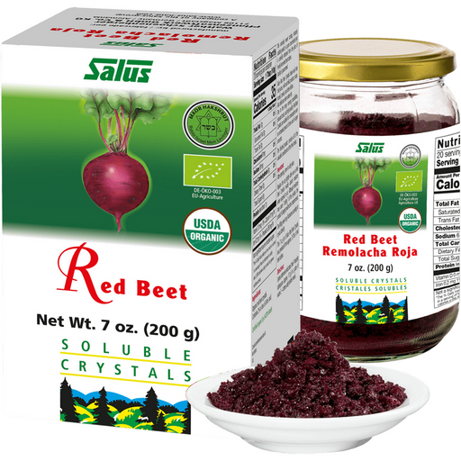 Salus Red Beet Crystals, 7 oz, front of jar and box