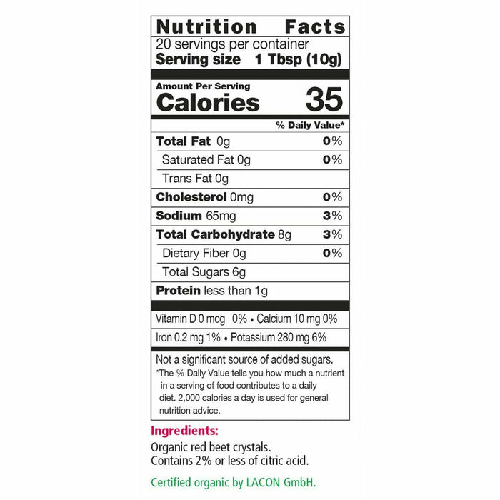 Salus Red Beet Crystals 7 oz nutrition facts label