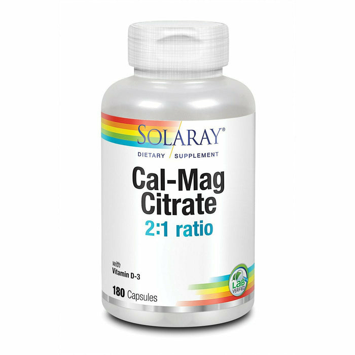 Solaray Cal-Mag Citrate 2:1 Ratio with Vitamin D3, 180 capsules, front of bottle