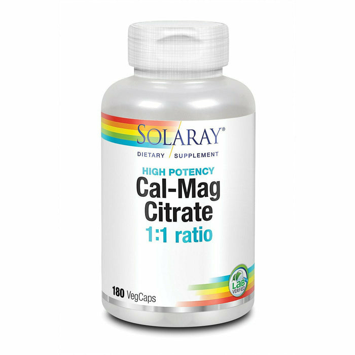 Solaray High Potency Cal-Mag Citrate 1:1 Ratio, 180 veg capsules, front of bottle