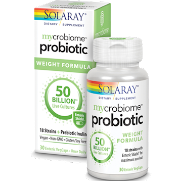 Solaray Mycrobiome Probiotic Weight Formula 50 Billion, 30 veg capsules, front of box and bottle