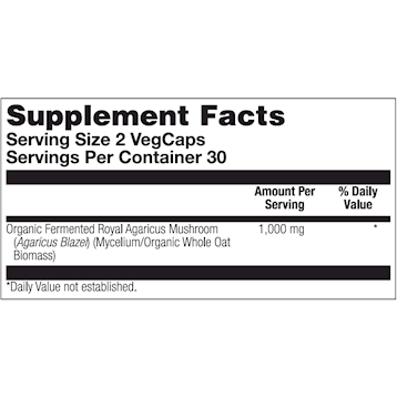 Solaray Organically Grown Fermented Royal Agaricus 60 veg capsules supplement facts label