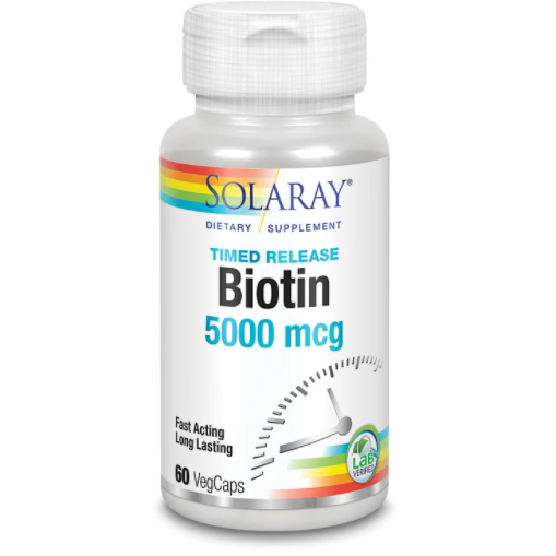 Solaray Timed Release Biotin 5000 mcg, 60 veg capsules, front of bottle