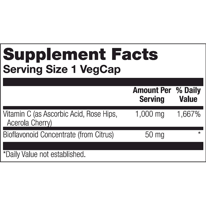 Solaray Vitamin C with Bioflavonoid Concentrate 1000 mg 100 veg capsules supplement facts label