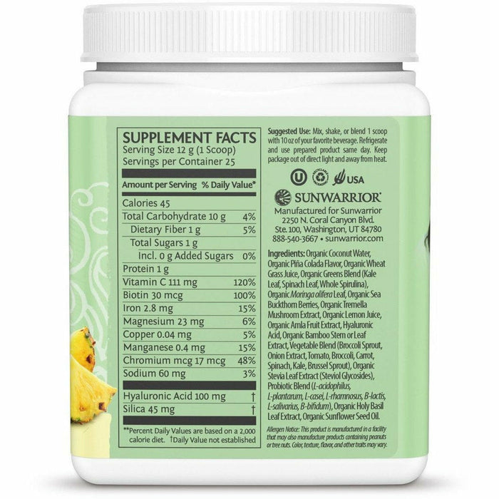 Sunwarrior Beauty Greens Collagen Boost, Pina Colada 25 servings supplement facts label