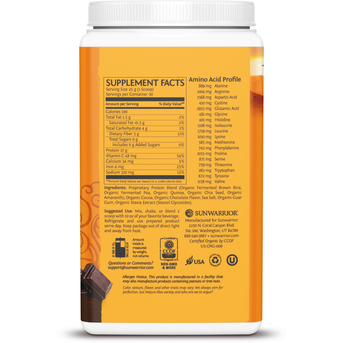 Sunwarrior Classic Plus Plant-Based Protein, Chocolate 30 servings supplement facts label