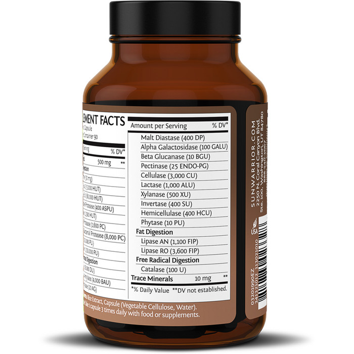 Sunwarrior Enzorb Digestive Enzymes 90 vegetarian capsules supplement facts label, continued
