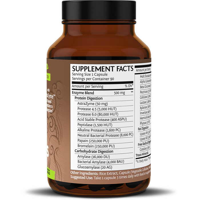 Sunwarrior Enzorb Digestive Enzymes 90 vegetarian capsules supplement facts label