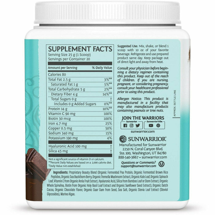 Sunwarrior Plant-Based Collagen Builder, Chocolate 20 servings supplement facts label