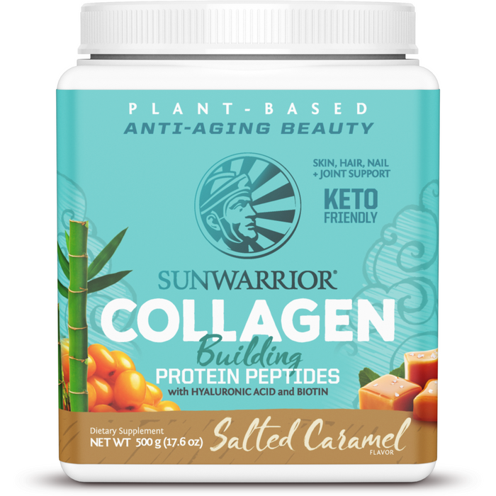 Sunwarrior Plant-Based Collagen Builder, Salted Caramel, 20 servings, front of tub