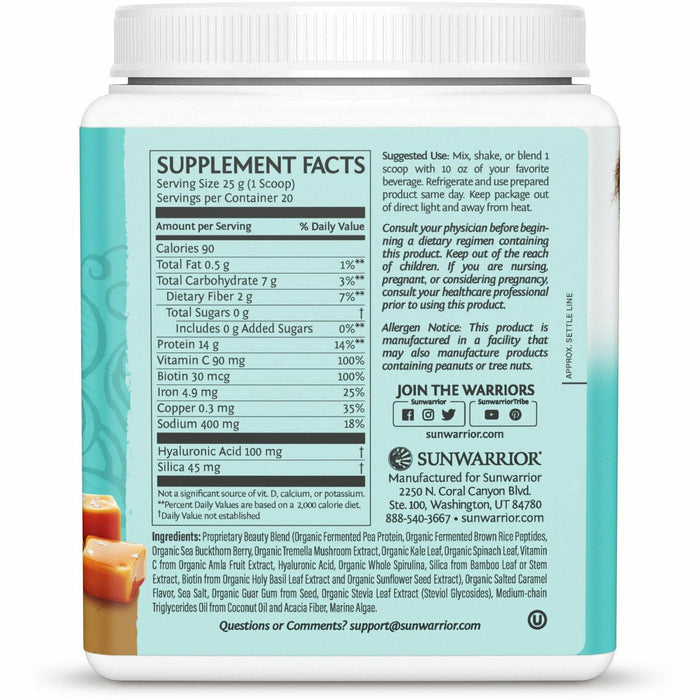 Sunwarrior Plant-Based Collagen Builder, Salted Caramel 20 servings supplement facts label