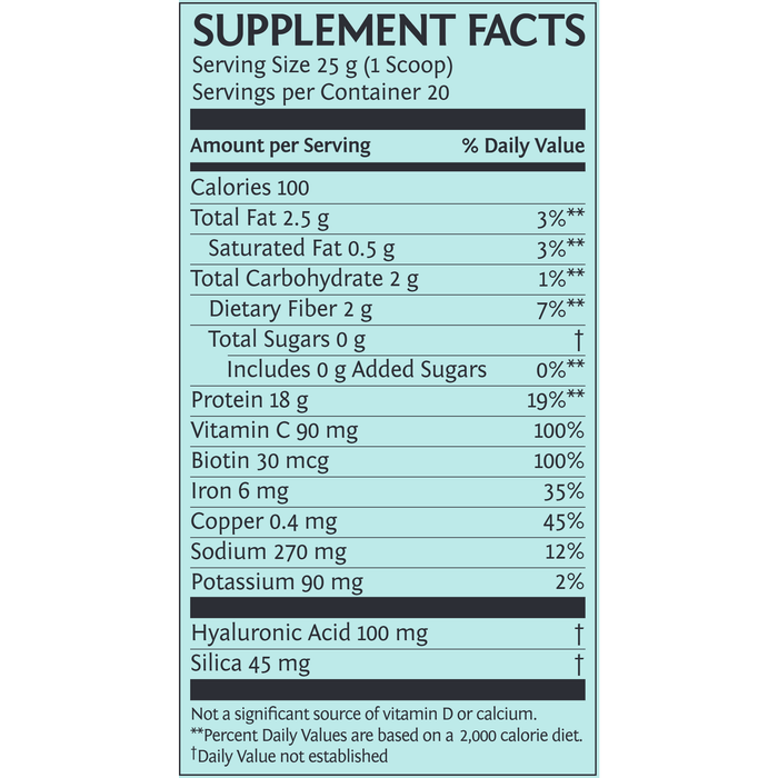 Sunwarrior Plant-Based Collagen Builder, Unflavored 20 servings supplement facts label