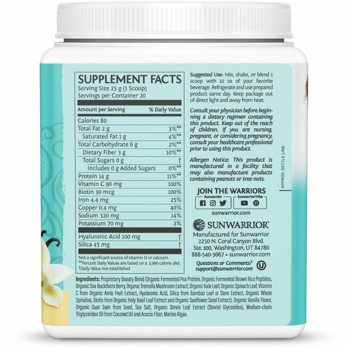 Sunwarrior Plant-Based Collagen Builder, Vanilla 20 servings supplement facts label