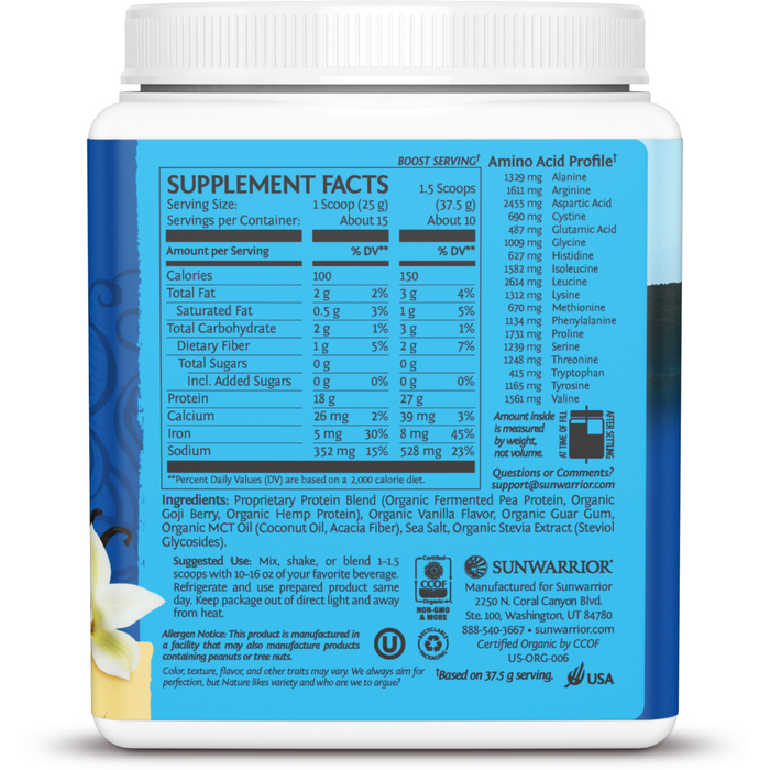 Sunwarrior Warrior Blend Plant-Based Protein, Vanilla 15 servings supplement facts label