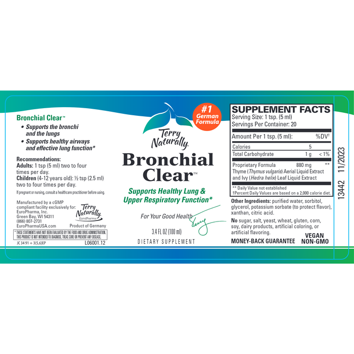 Terry Naturally Bronchial Clear Liquid 3.4 fl oz full label