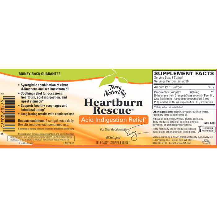 Terry Naturally Heartburn Rescue 30 softgels full label