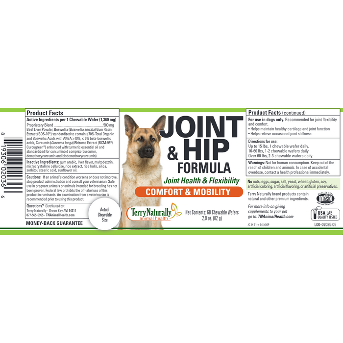 Terry Naturally Joint & Hip Formula for Dogs 60 chewable wafers full label