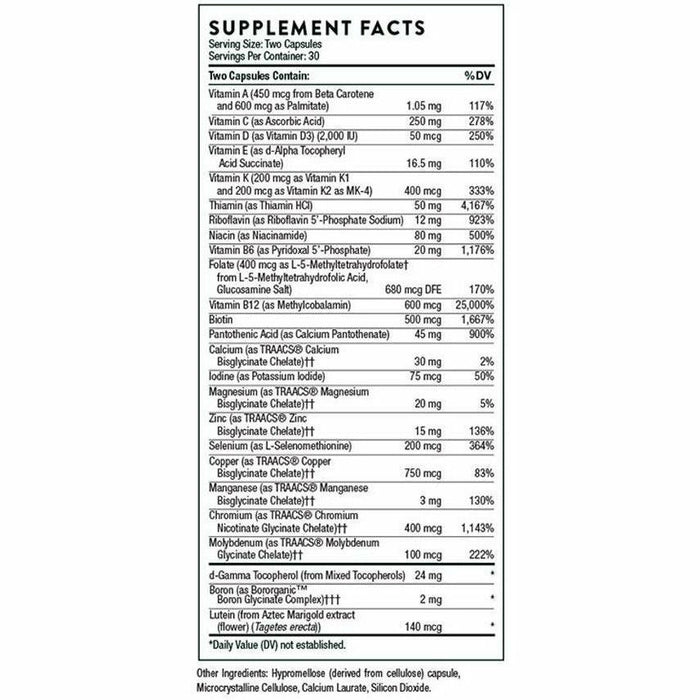 Thorne Basic Nutrients 2/Day NSF 60 capsules supplement facts label