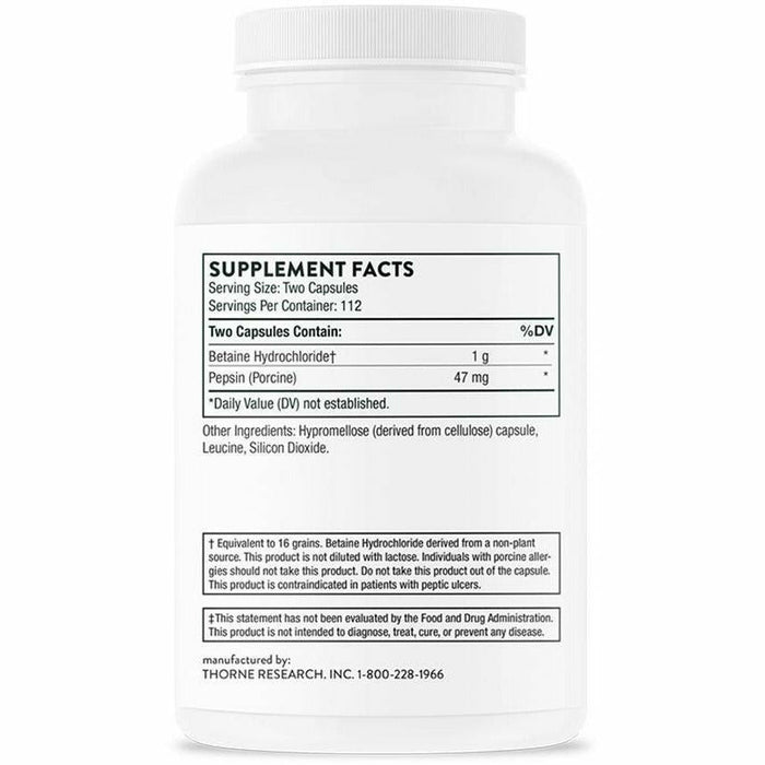 Thorne Betaine HCL & Pepsin 225 vegetarian capsules supplement facts label