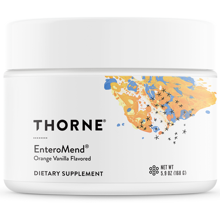Thorne EnteroMend Orange Vanilla, 5.9 oz, front of canister