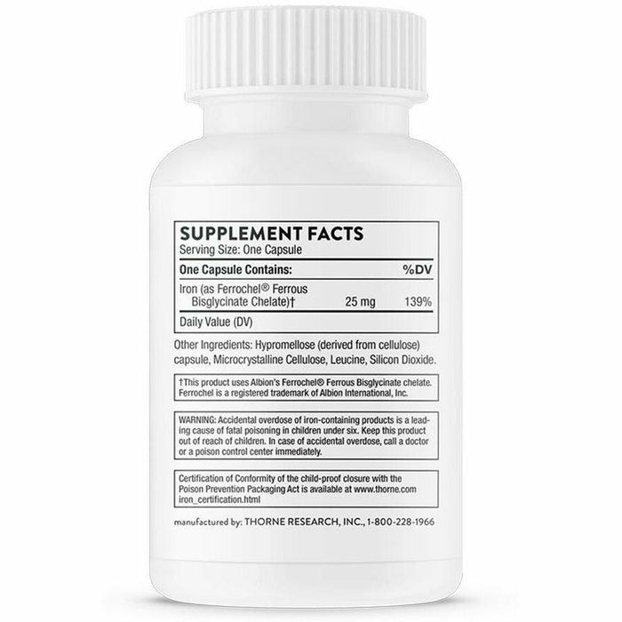 Thorne Iron Bisglycinate 25 mg 60 vegetarian capsules supplement facts label