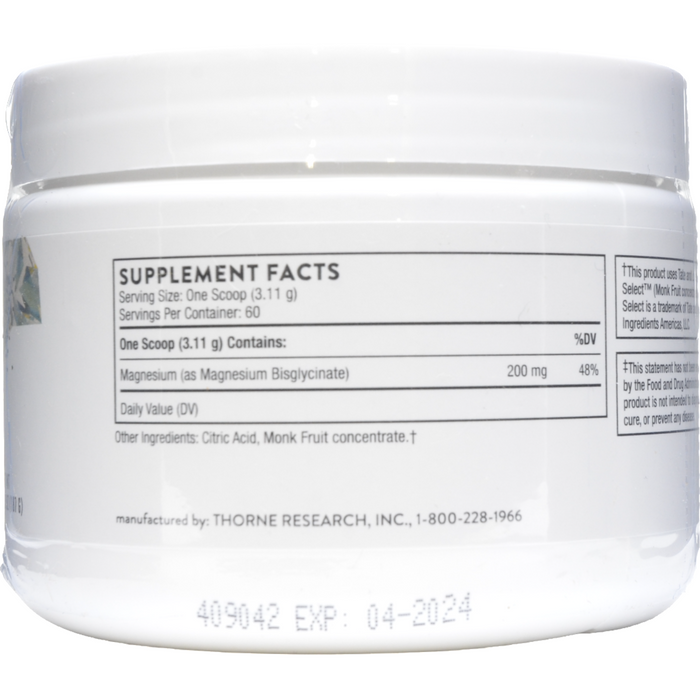 Thorne Magnesium Bisglycinate NSF powder 6.5 oz supplement facts label