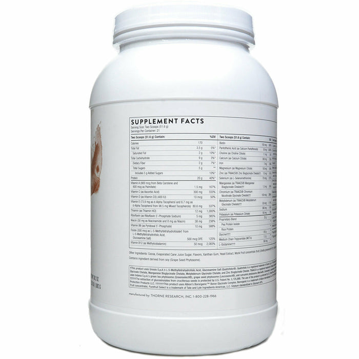 Thorne MediClear-SGS Chocolate 38.2 oz supplement facts label