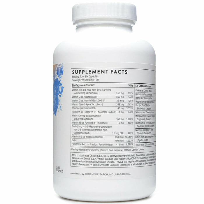 Thorne Men's Multi 50+ 180 capsules supplement facts label