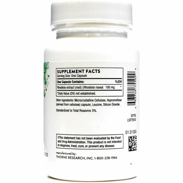 Thorne Rhodiola rosea 100 mg 60 capsules supplement facts label