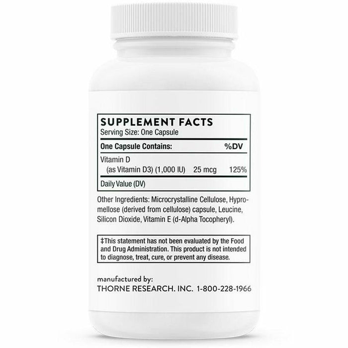 Thorne Vitamin D-1000 Preservative Free 90 capsules supplement facts label