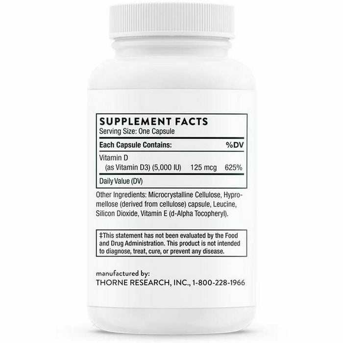 Thorne Vitamin D-5000 Preservative Free 60 capsules supplement facts label