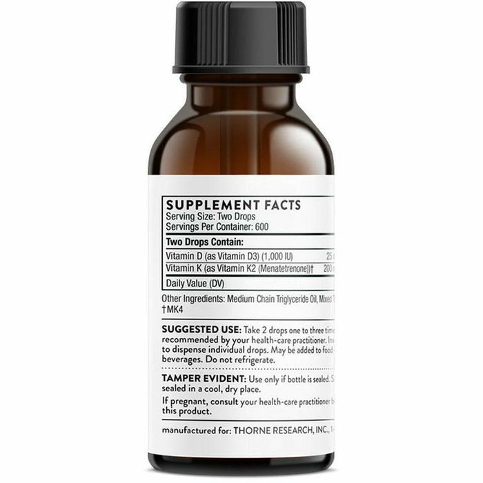 Thorne Vitamin D + K2 liquid 1 oz suggested use label