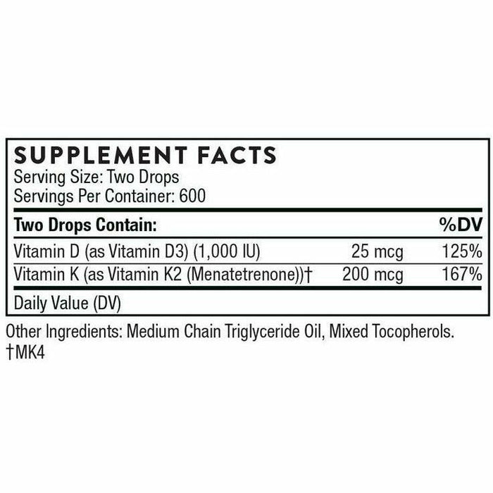 Thorne Vitamin D + K2 liquid 1 oz supplement facts label