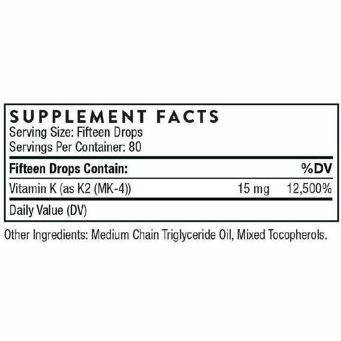 Thorne Vitamin K2 Drops 1 oz supplement facts label