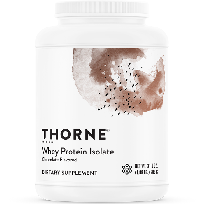 Thorne Whey Protein Isolate Chocolate NSF, 31.9 oz, front of canister