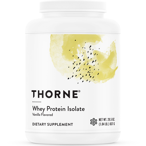 Thorne Whey Protein Isolate Vanilla NSF, 28.5 oz, front of canister