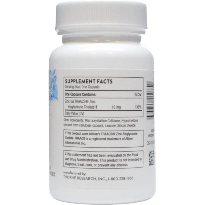 Thorne Zinc Bisglycinate 15 mg 60 capsules supplement facts label
