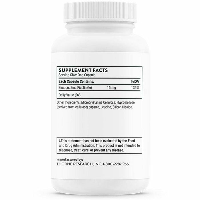 Thorne Zinc Picolinate 15 mg 60 capsules supplement facts label